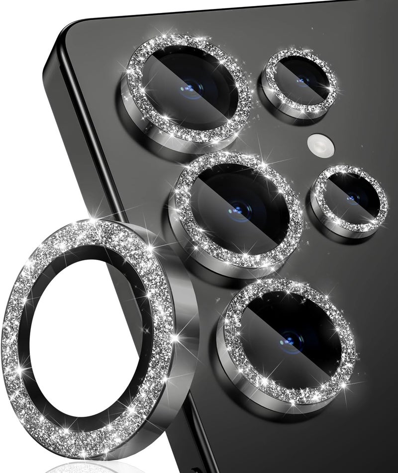 CloudValley for Samsung Galaxy S25 Ultra Camera Lens Protector Bling, 9H Tempered Glass + Aluminum Alloy Lens Protective Ring [Glitter Decoration] Ultra-HD Tempered Glass Cover,Glitter Titanium Black - Image 1